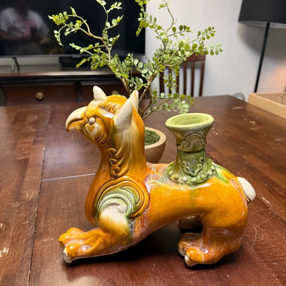 Vtg‎ Sancai Glaze Ceramic Crackle QILIN Griffin Statue Chinese Mythical Unicorn